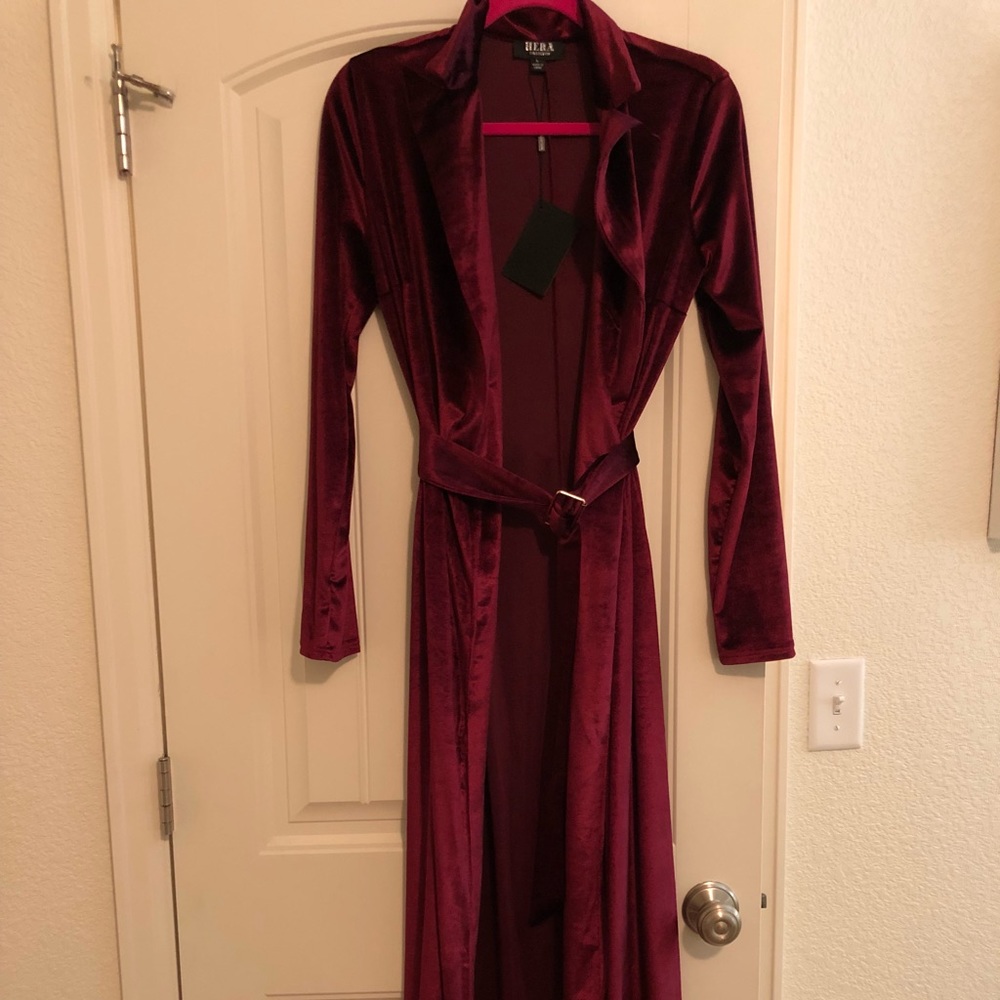 Burgundy, Long velvet dress with belt